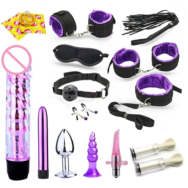 Dildo Vibrator & Anal Plugs Adult Sex Product Kit With Ring Finger Massager BDSM Slave Bandage Flirt