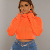 Imcute Neon Orange Solid Color Turtleneck Crop Sweater