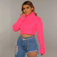 Imcute Neon Orange Solid Color Turtleneck Crop Sweater