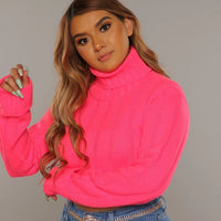 Imcute Neon Orange Solid Color Turtleneck Crop Sweater