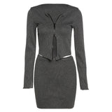 Imcute Sexy Two Piece Ribbed Knitted Long Sleeve Zipper Crop Top Cardigan Skirt