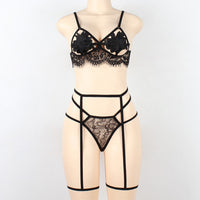 Corset Solid Applique Underwire Bra with Panty and Garter Sleepwear