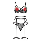 Corset Solid Applique Underwire Bra with Panty and Garter Sleepwear