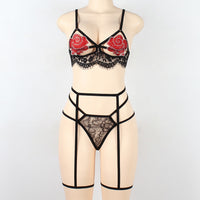 Corset Solid Applique Underwire Bra with Panty and Garter Sleepwear