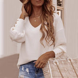 Solid Long-sleeved V-neck T-shirt