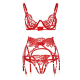 Cut-out Sleepwear Bra+Garter+Briefs Set Sexy Red Lace