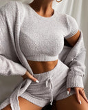 Imcute Fluffy Knitted Sweater Suit Two Piece Set Crop Top Shorts