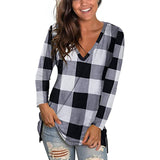 S-XXL Tshirts Long Sleeve Tops V Neck Plaid Shirt