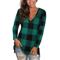 S-XXL Tshirts Long Sleeve Tops V Neck Plaid Shirt