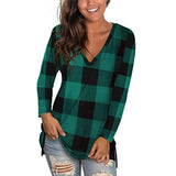 S-XXL Tshirts Long Sleeve Tops V Neck Plaid Shirt