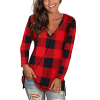 S-XXL Tshirts Long Sleeve Tops V Neck Plaid Shirt