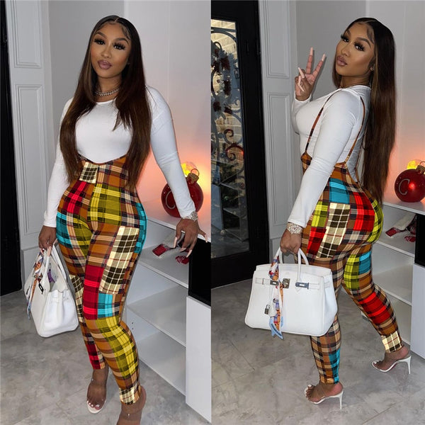 Imcute Sexy Two Piece Long Sleeve Top Bodycon Plaid Overalls