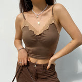 Brown Y2K Cami Tops Lace Trim