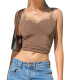 Brown Y2K Cami Tops Lace Trim