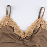 Brown Y2K Cami Tops Lace Trim