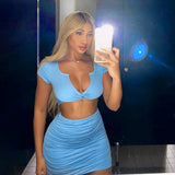 Solid Two Piece Skirt Set V Neck Short Sleeve Crop Tops With Mini Skirts