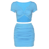 Solid Two Piece Skirt Set V Neck Short Sleeve Crop Tops With Mini Skirts