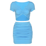 Solid Two Piece Skirt Set V Neck Short Sleeve Crop Tops With Mini Skirts