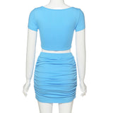 Solid Two Piece Skirt Set V Neck Short Sleeve Crop Tops With Mini Skirts