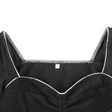 Square Collar French Style Slim Basic Ruched Lace Up Tshirt Black