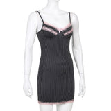 Black Lace Trim Goth Y2K Dress Women Striped V Neck