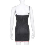 Black Lace Trim Goth Y2K Dress Women Striped V Neck