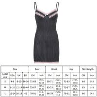 Black Lace Trim Goth Y2K Dress Women Striped V Neck