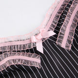 Black Lace Trim Goth Y2K Dress Women Striped V Neck