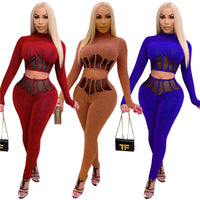 Imcute Sexy Mesh Sheer Two Piece Set Long Sleeve Crop Top+Stacked Pants Tracksuit