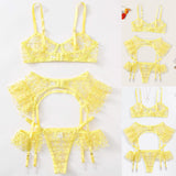 Yellow Underwire Bra Embroidery Thong Garter Belt Classic Bandage