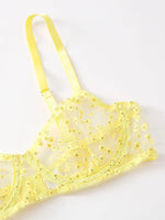 Yellow Underwire Bra Embroidery Thong Garter Belt Classic Bandage