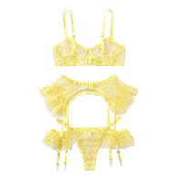 Yellow Underwire Bra Embroidery Thong Garter Belt Classic Bandage