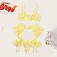 Yellow Underwire Bra Embroidery Thong Garter Belt Classic Bandage