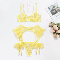 Yellow Underwire Bra Embroidery Thong Garter Belt Classic Bandage