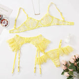 Yellow Underwire Bra Embroidery Thong Garter Belt Classic Bandage