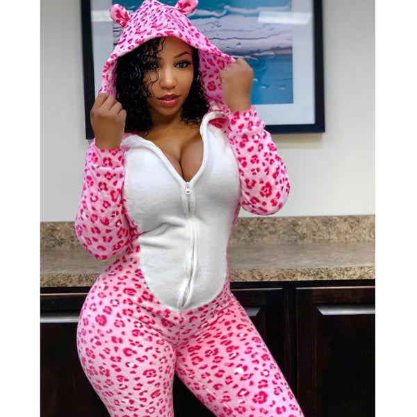 Imcute Loose One Piece Cheetah Print Jumpsuit Pajamas