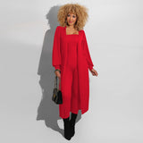 Imcute Two Piece Red Long Sleeve Long Coat and Jumpsuit Set