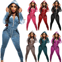 Hooded Velvet Tracksuit Long Sleeve Slim Zipper Sports Suit