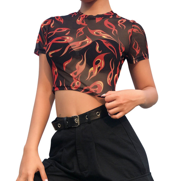 DAIGELO O-neck Short Sleeve Flame Black Print T-shirt