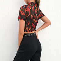 DAIGELO O-neck Short Sleeve Flame Black Print T-shirt