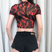 DAIGELO O-neck Short Sleeve Flame Black Print T-shirt