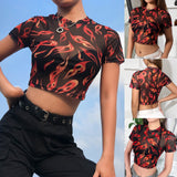 DAIGELO O-neck Short Sleeve Flame Black Print T-shirt