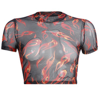 DAIGELO O-neck Short Sleeve Flame Black Print T-shirt