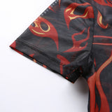 DAIGELO O-neck Short Sleeve Flame Black Print T-shirt