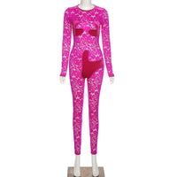 Imcute See Through Sheer Pink Jumpsuits Floral Velvet