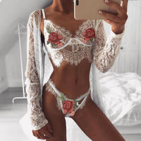 Embroidered Costumes Lingerie Open Bra Crotch Porno Lace Transparent Underwear