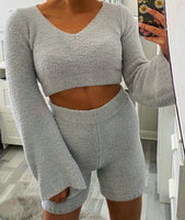 Imcute Faux Fur 2 Piece V-neck Pullover Long Sleeve Crop Tops+Hight Waist Shorts Sets