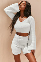 Imcute Faux Fur 2 Piece V-neck Pullover Long Sleeve Crop Tops+Hight Waist Shorts Sets