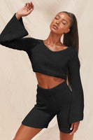 Imcute Faux Fur 2 Piece V-neck Pullover Long Sleeve Crop Tops+Hight Waist Shorts Sets