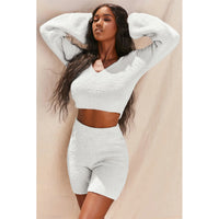 Imcute Faux Fur 2 Piece V-neck Pullover Long Sleeve Crop Tops+Hight Waist Shorts Sets